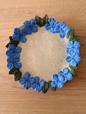 Handcrafted Ceramic Serving Platter with Blue Floral Border
